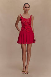 Melanie Mesh Mini Dress With Flowers - Ruby