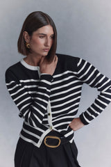 Talia Stripe Knit Cardigan - Black/White