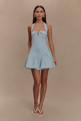 Calipso Halter Mini Dress - Cornflower Blue