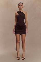 Mattea Slinky And Mesh Mini Dress With Scarf - Dark Chocolate