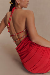 Astraeus Beaded Cowl Mini Dress - Desert Red