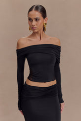 Judy Slinky And Mesh Off Shoulder Top - Black