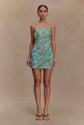 Eloise Hand Beaded Mini Dress - Blue Swirl Print