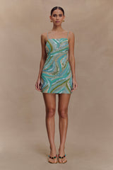 Eloise Hand Beaded Mini Dress - Blue Swirl Print