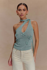 Leone One Shoulder Metallic Knit Top - Aqua