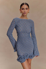 Aileen Ruffle Crochet Mini Dress - Steel Blue