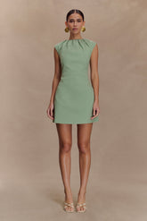 Ariana Pleated Neck Mini Dress - Sage