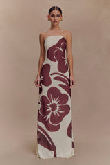 Amaya Strapless Chiffon Maxi Dress - Brown Deco Fleur Print
