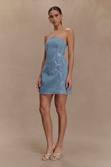 Akira Embroidered Denim Mini Dress - Mid Blue
