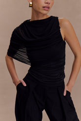 Pruedance Slinky Draped Top With Mesh Overlay - Black