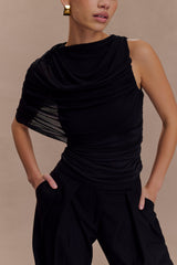 Pruedance Slinky Draped Top With Mesh Overlay - Black