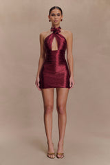 Nylah Beaded Halter Mini Dress - Burgundy