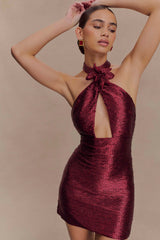 Nylah Beaded Halter Mini Dress - Burgundy