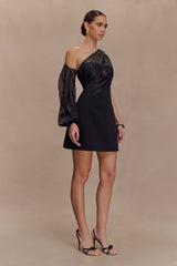 Effie Organza One Sleeve Mini Dress - Black