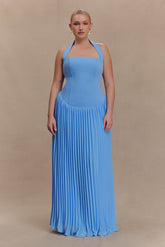 Stacie Pleated Halter Maxi Dress - Bright Blue