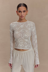 Omari Embroidery Long Sleeve Knit Top - Ivory