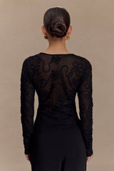 Omari Embroidery Long Sleeve Knit Top - Black