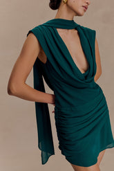 Giulia Chiffon Draped Mini Dress - Dark Emerald