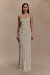 Eva Hand Beaded Pearl & Lace Maxi Dress - White