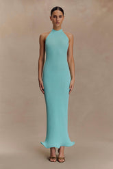 Melodie Halter Knit Maxi Dress - Cyan Blue