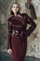 Archie Croc Faux Leather Cropped Jacket - Burgundy