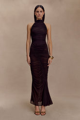 Matilda Ruched Mesh Maxi Skirt - Chocolate