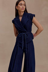 Charley Structured Tie Denim Top - Indigo Blue