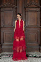 Minka Mesh Ruffle Halter Maxi Dress - Red