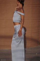 Irene Gathered Knit Maxi Skirt - Blue