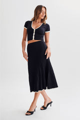 Jolene Contrast Rib Knit Midi Skirt - Black