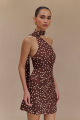 Joan Satin Asymmetrical Mini Dress - Brown Polka Dot Print