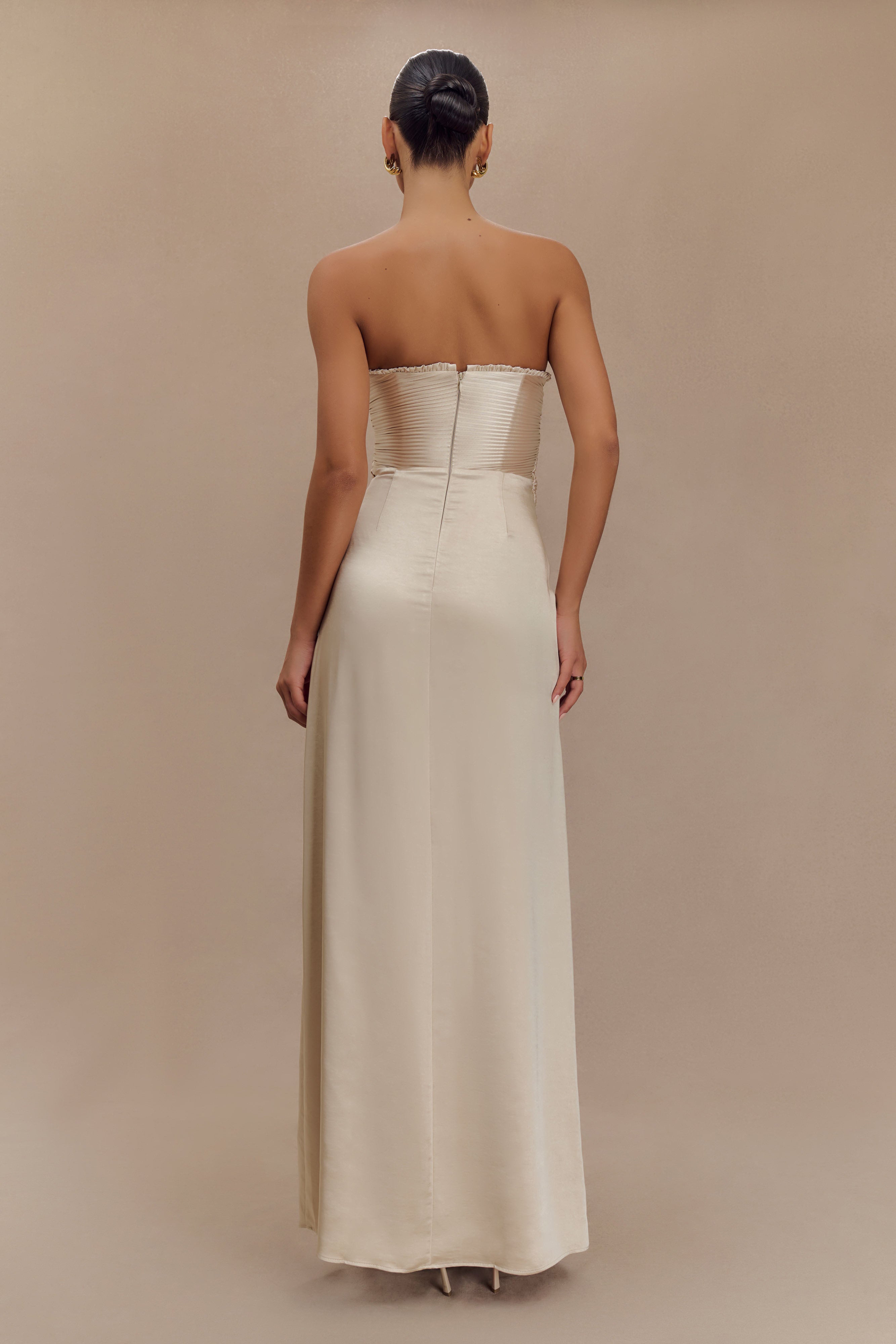 Larissa Satin Maxi Dress With Ruched Petals - Blush Gold