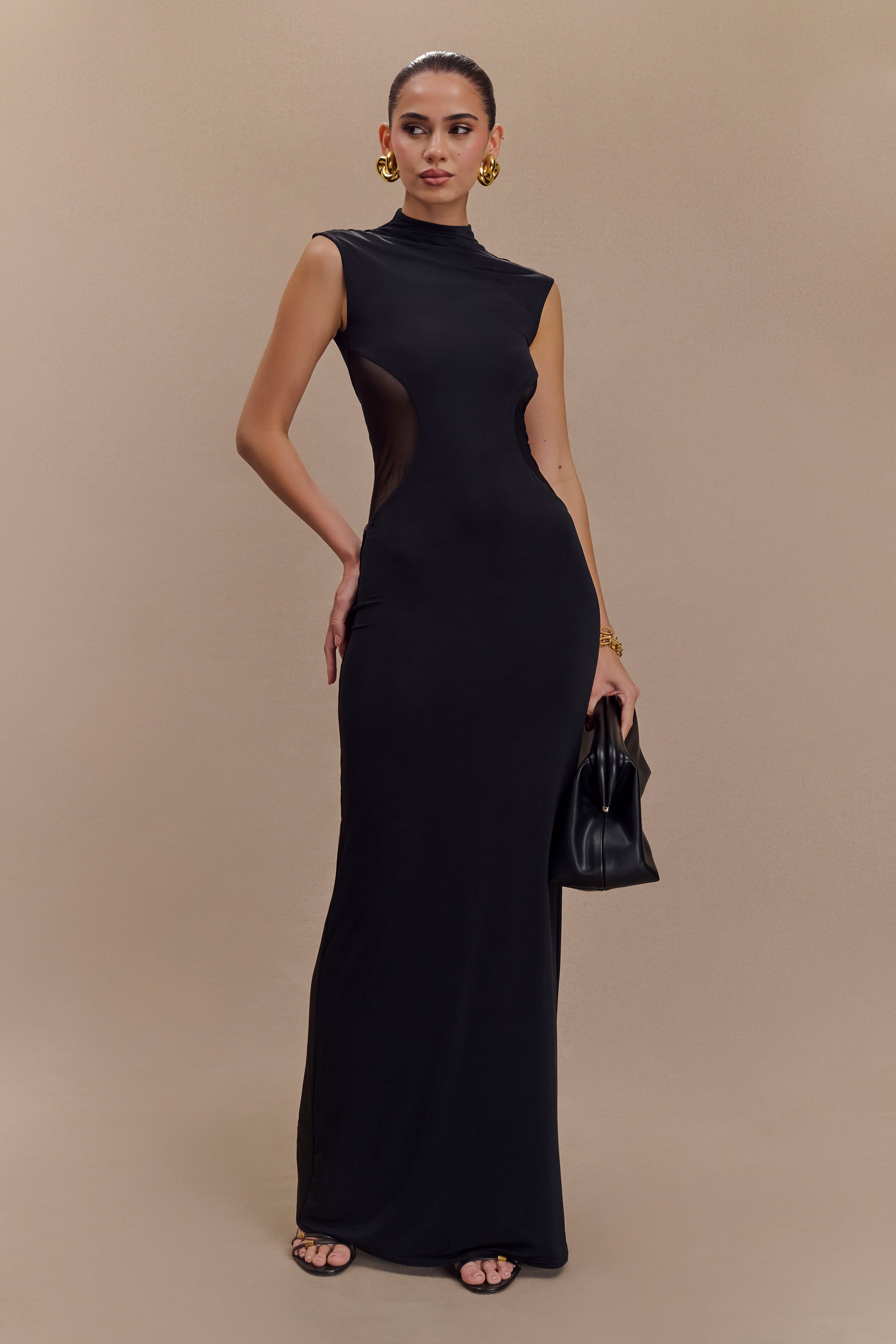 Massie Slinky And Mesh Maxi Dress - Black