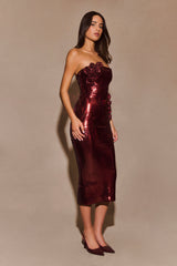 Cassia Strapless Sequin Rose Midi Dress - Mahogany