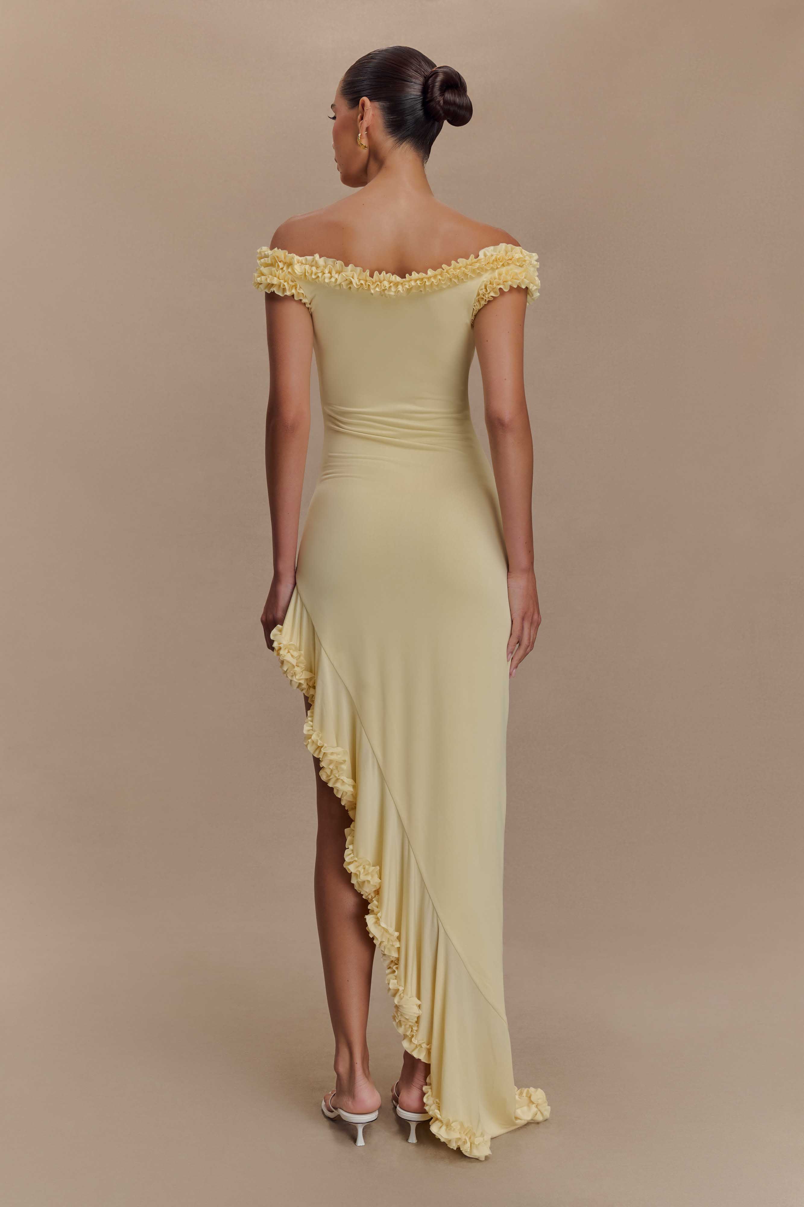 Arielle Off Shoulder Ruffle Midi Dress - Pastel Lemon