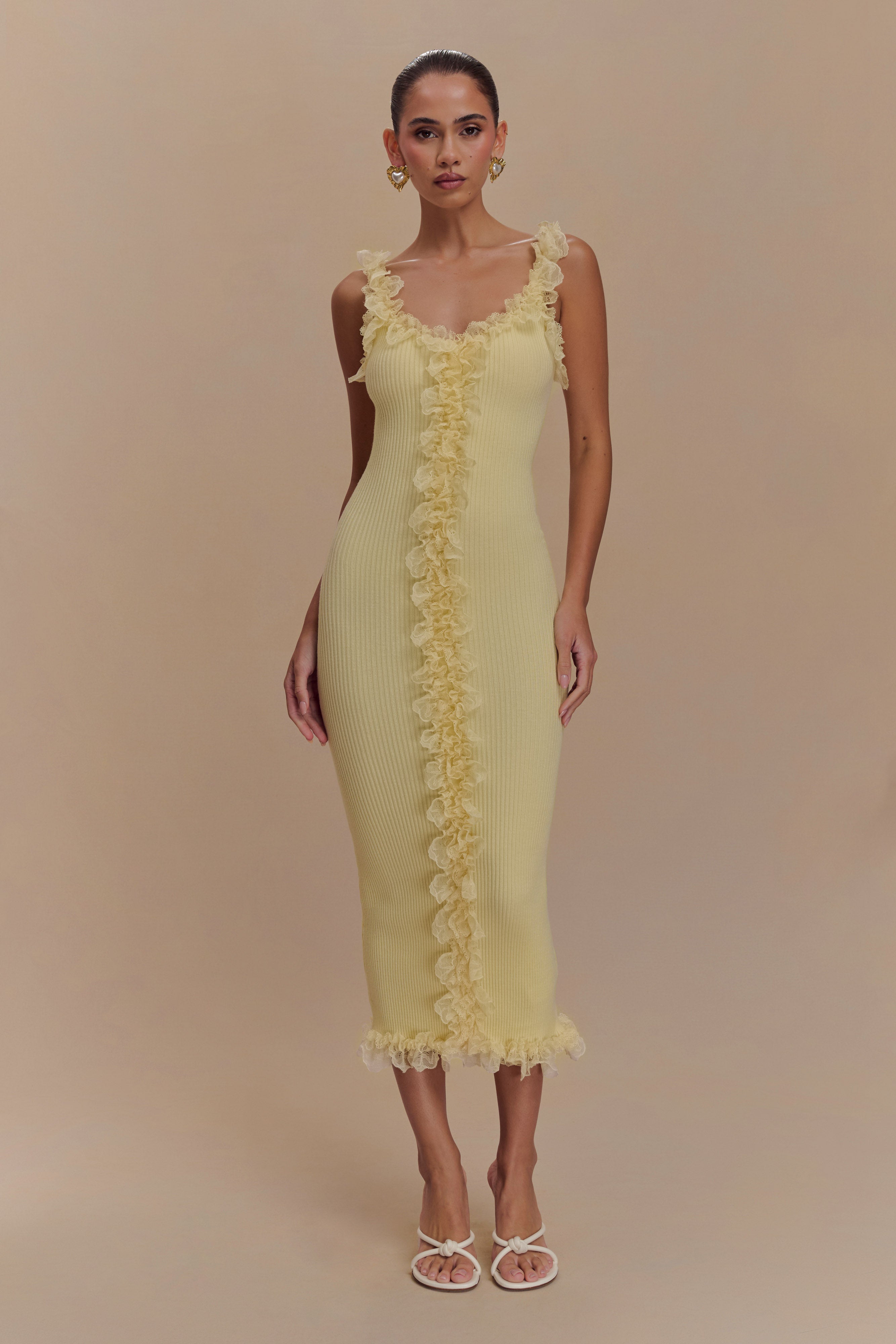Shay Lace Ruffle Knit Midi Dress - Lemon