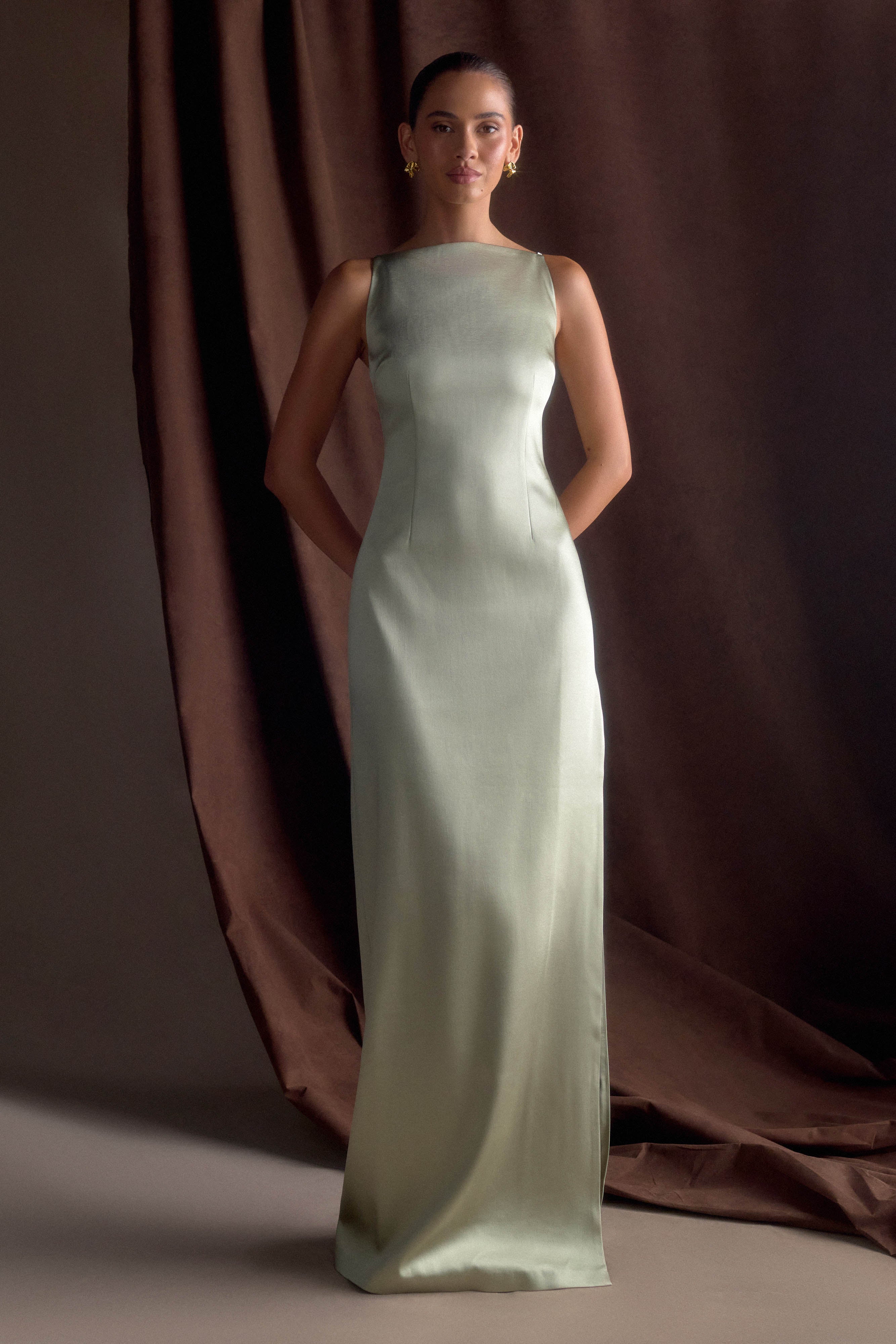 Violet Sleeveless Satin Maxi Dress - Sage