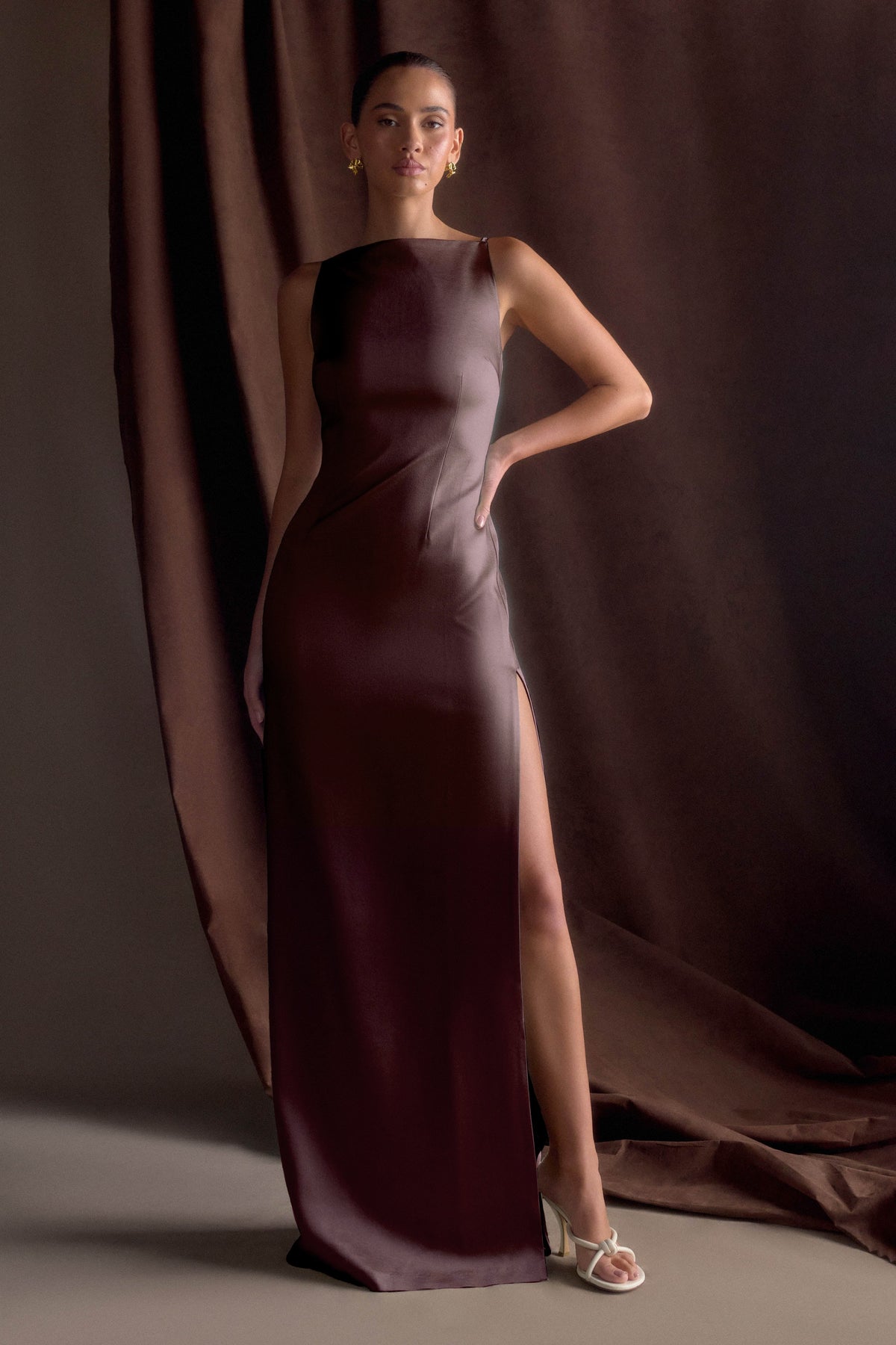 Violet Sleeveless Satin Maxi Dress - Dark Chocolate