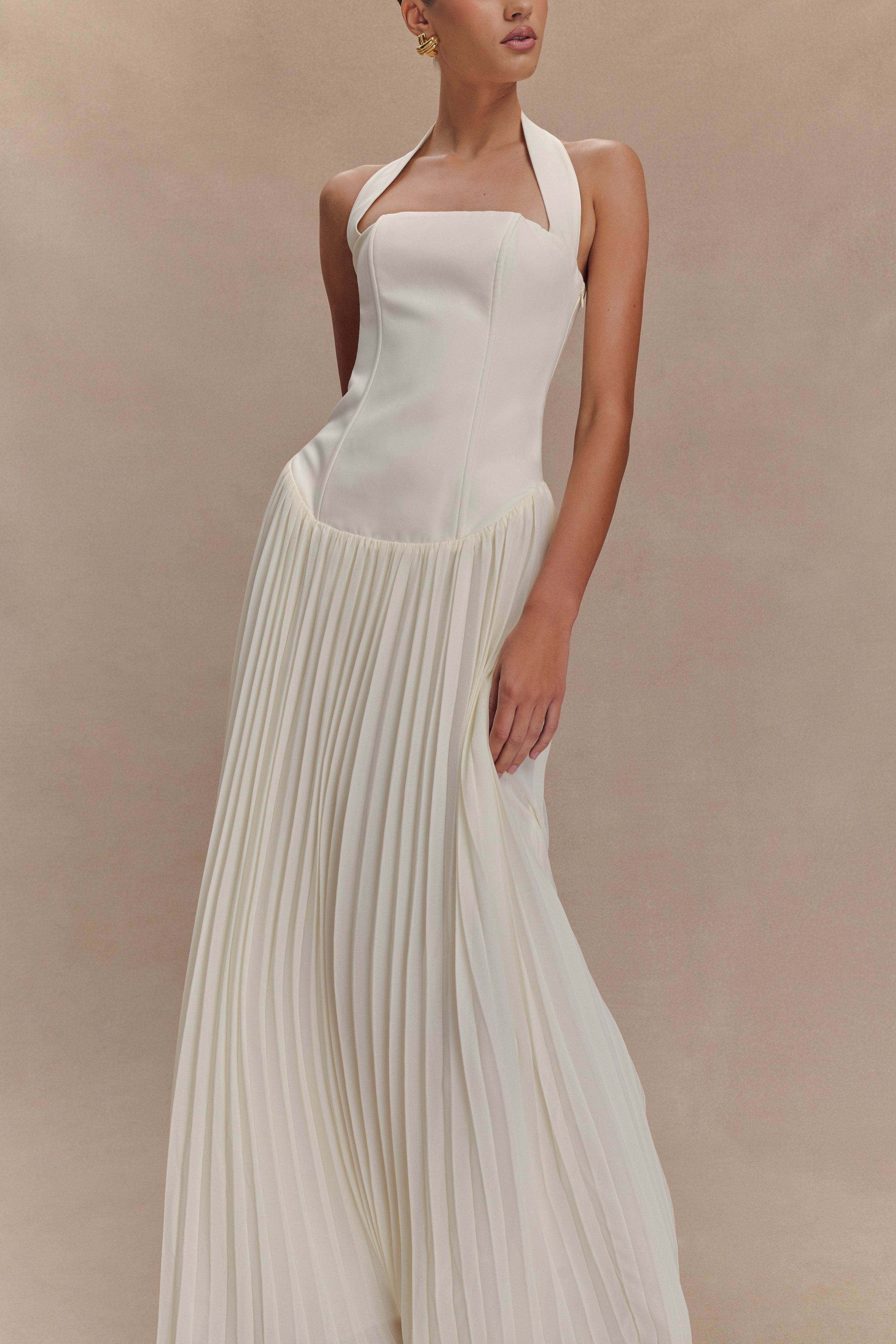 Stacie Pleated Halter Maxi Dress - Ivory