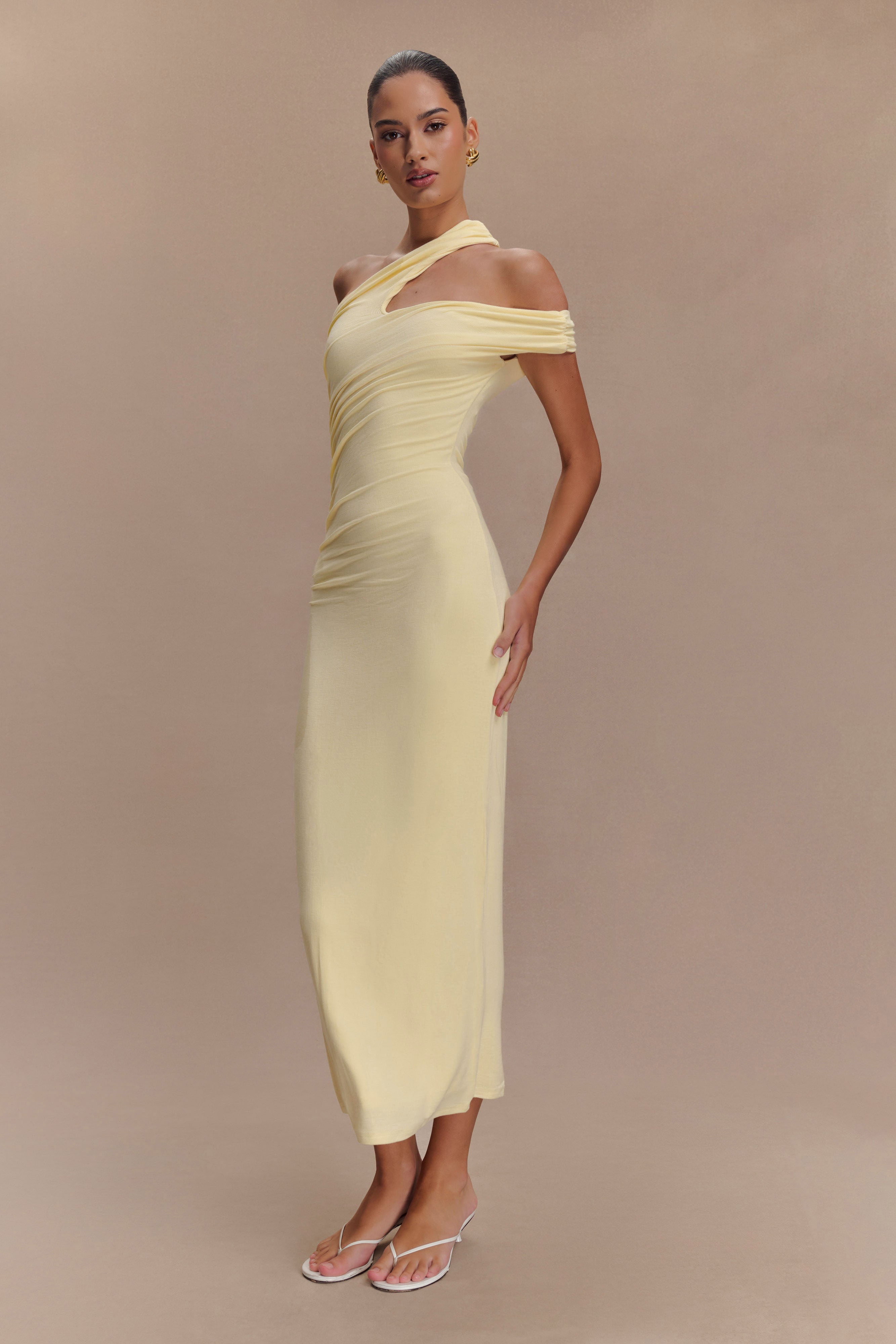 Anastasia One Shoulder Modal Midi Dress - Pale Lemon