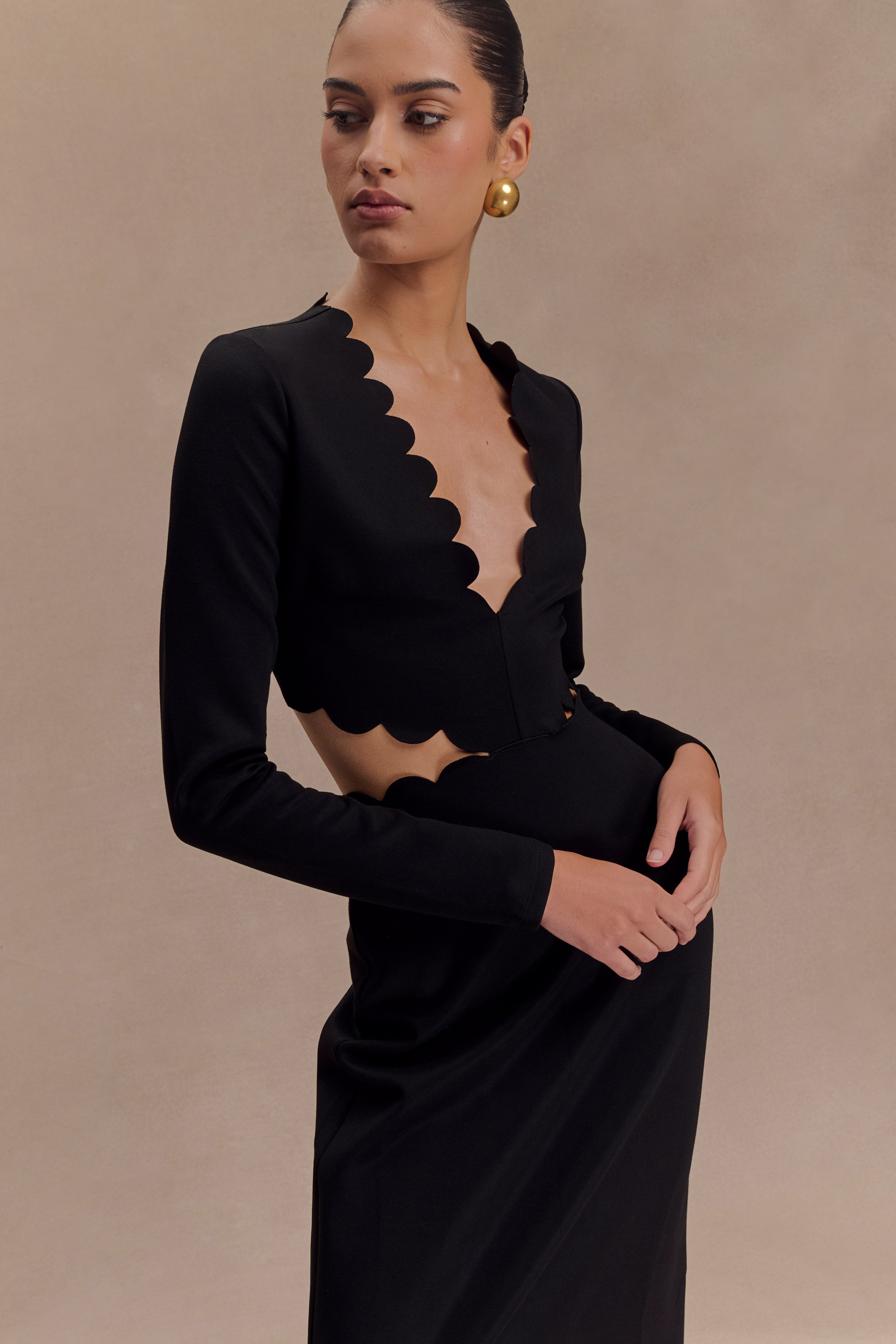 Cynthia Scalloped Halter Maxi Dress - Black