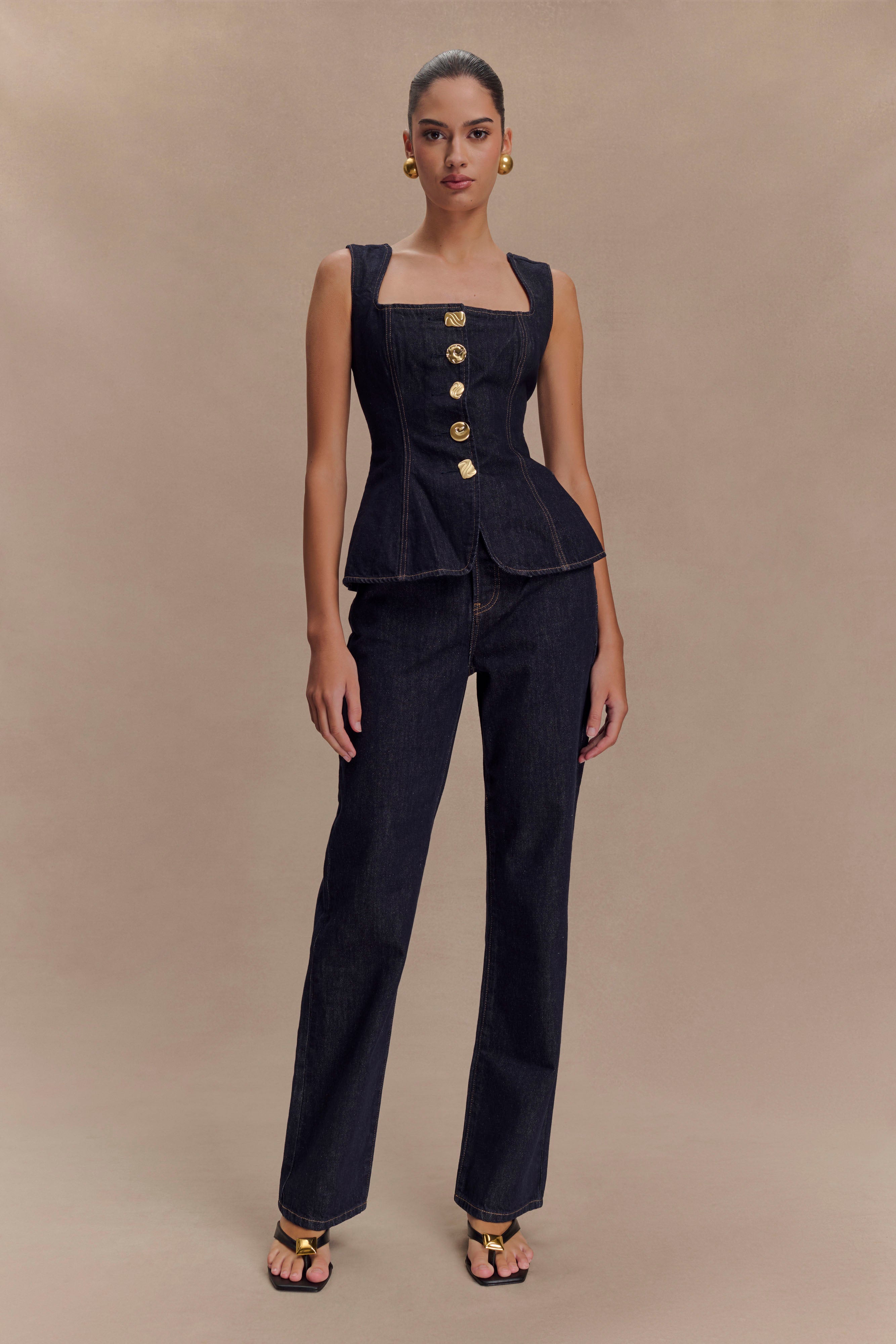 Neve Sleeveless Buttoned Denim Top - Washed Indigo Blue