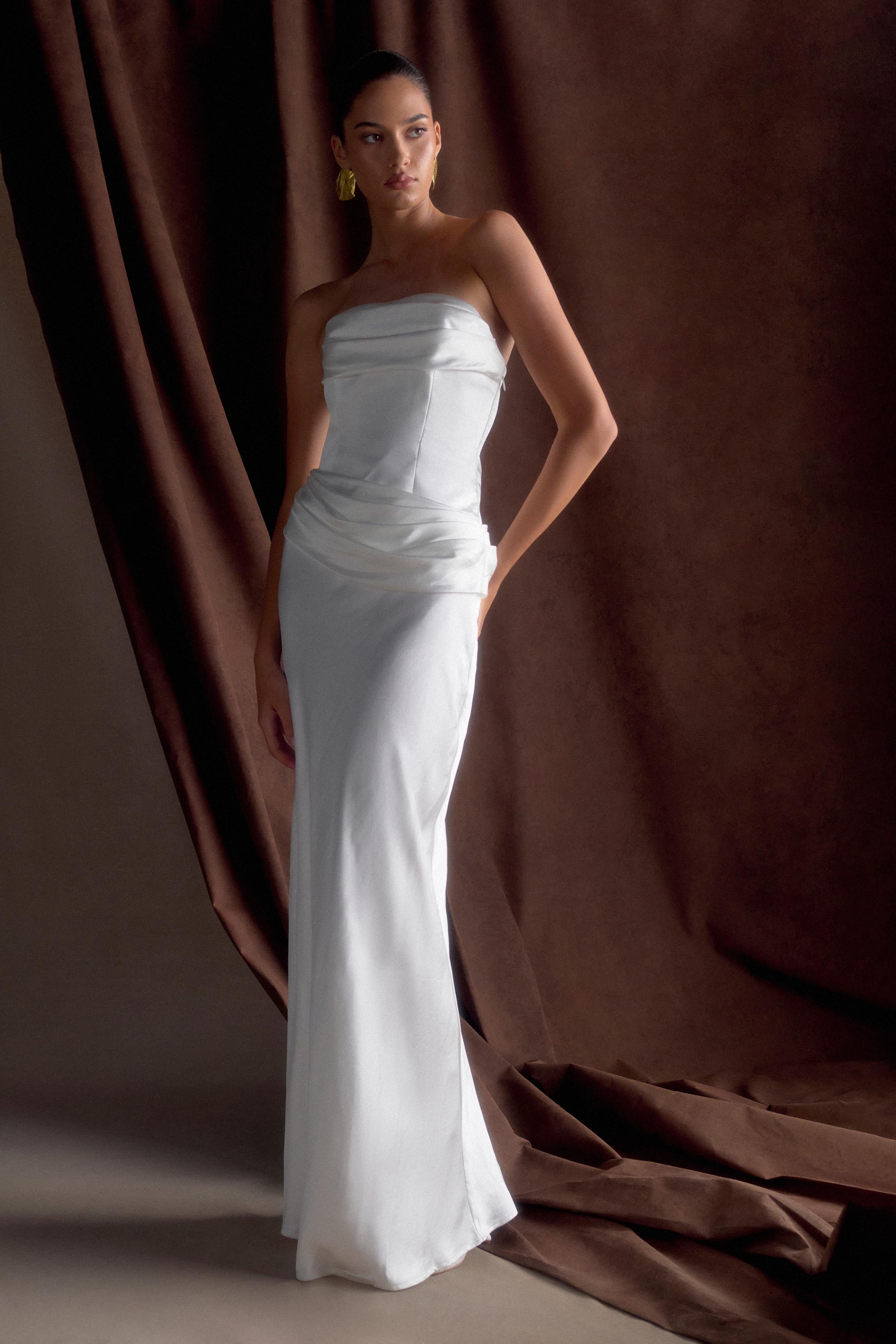 Jasmine Strapless Satin Maxi Dress - White
