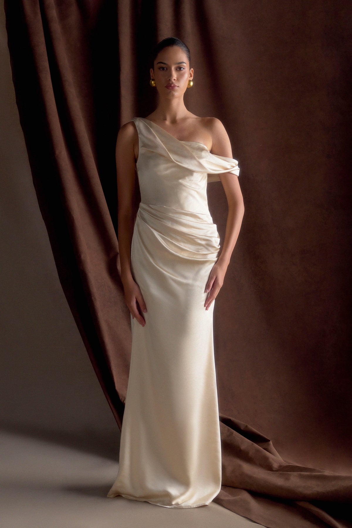 Dalia Off Shoulder Satin Maxi Dress - Blush Gold