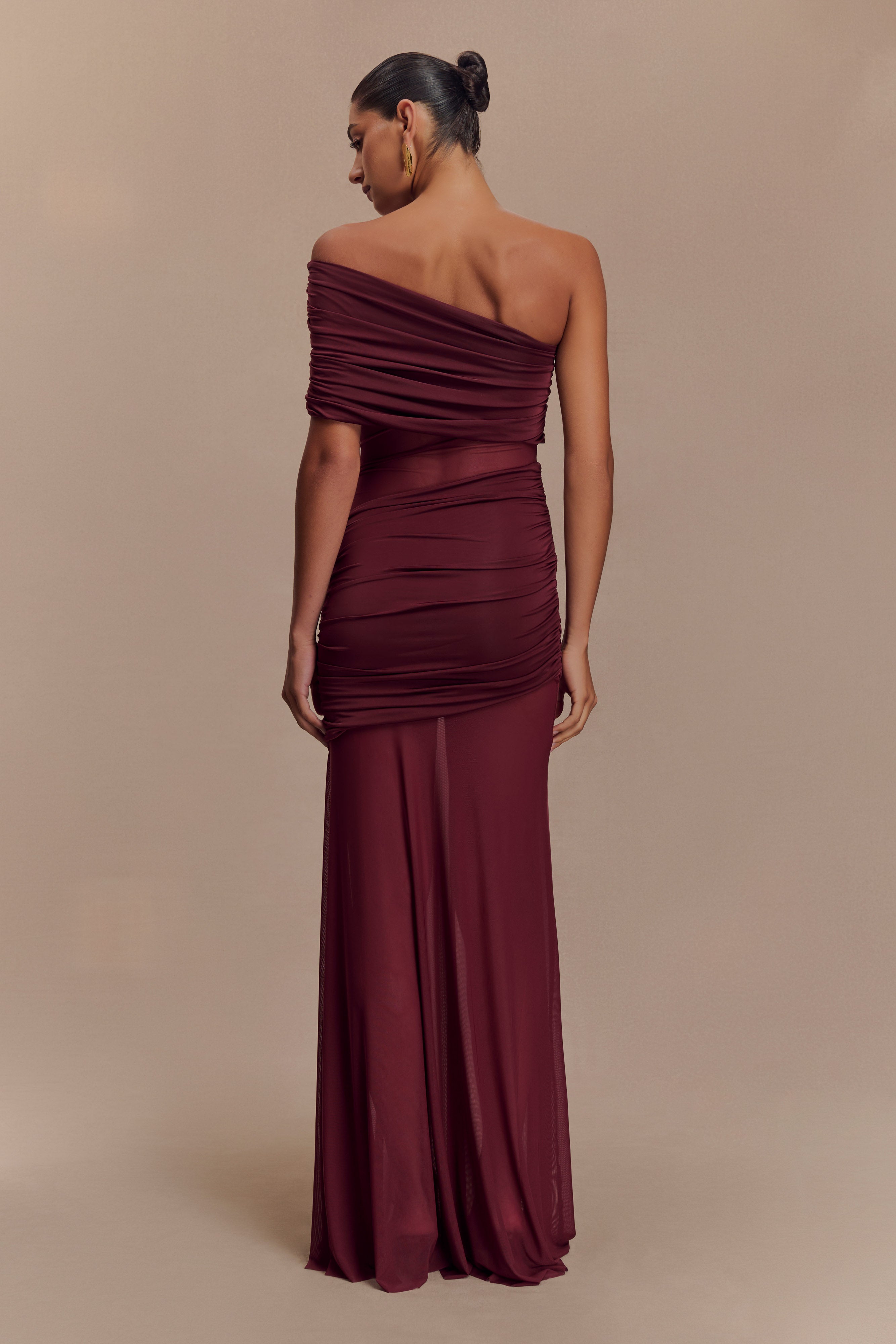 Dallas One Shoulder Mesh Maxi Dress - Burgundy