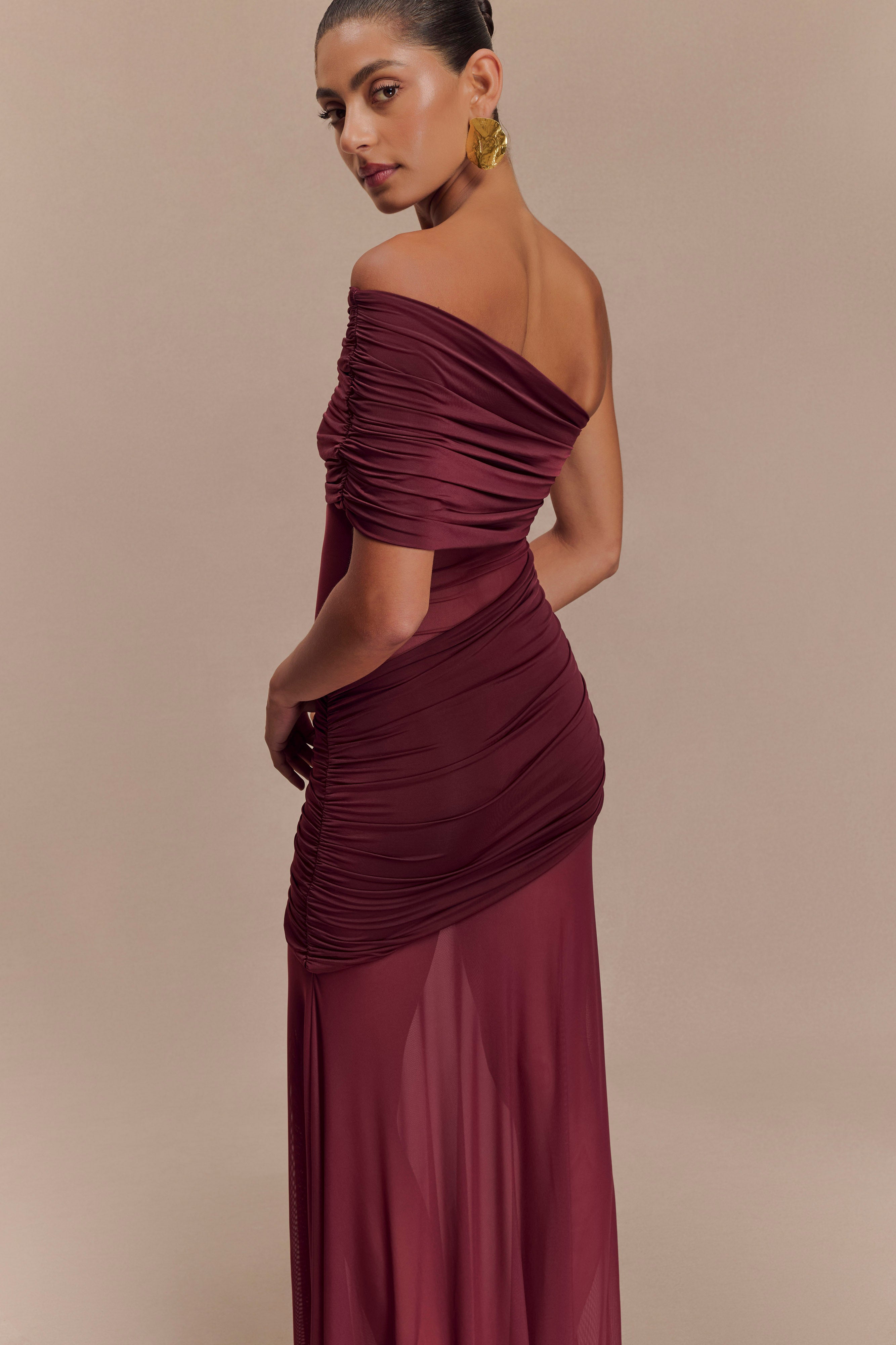 Dallas One Shoulder Mesh Maxi Dress - Burgundy