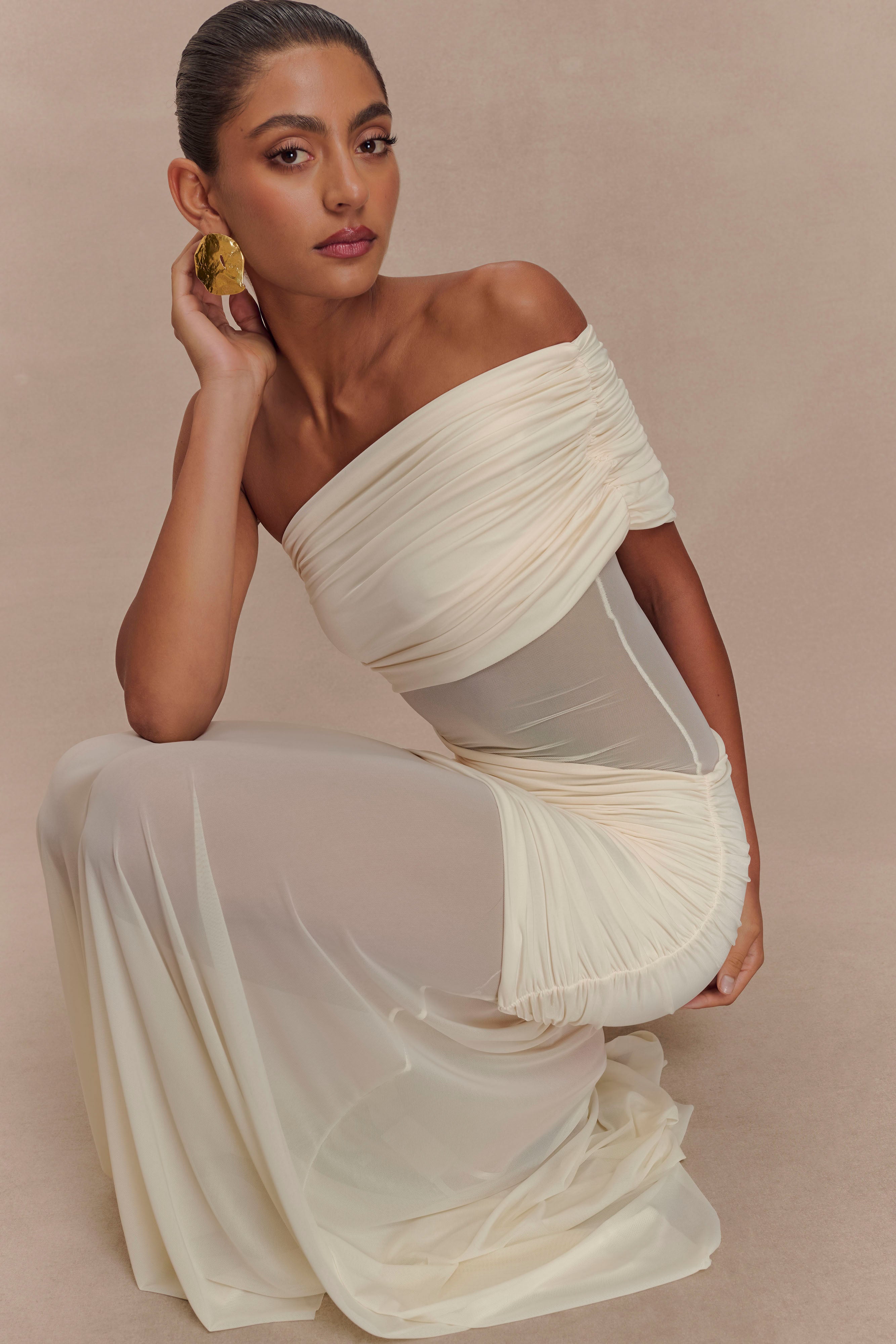 Dallas One Shoulder Mesh Maxi Dress - Ivory