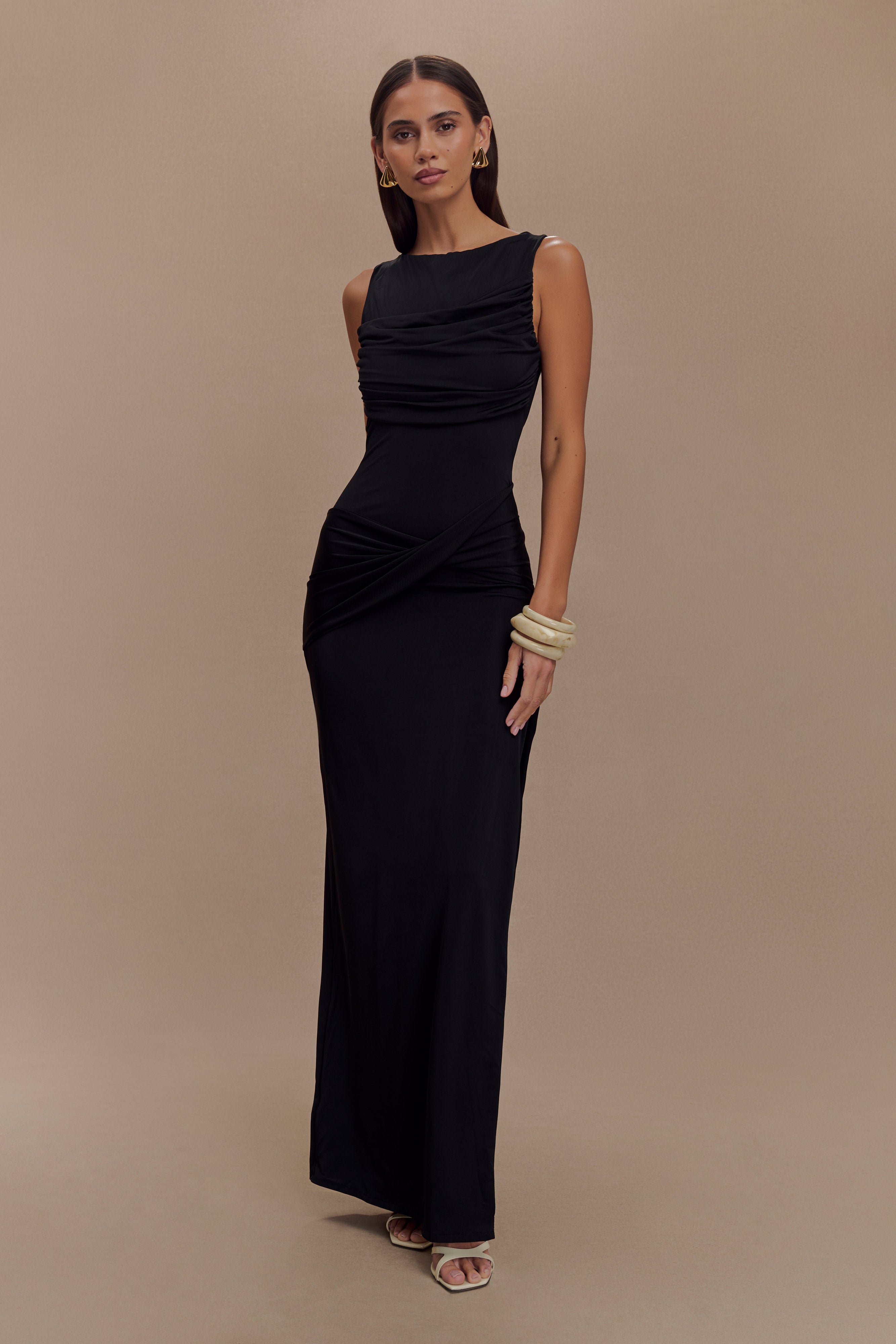 Henley Slinky Drape Maxi Dress - Black
