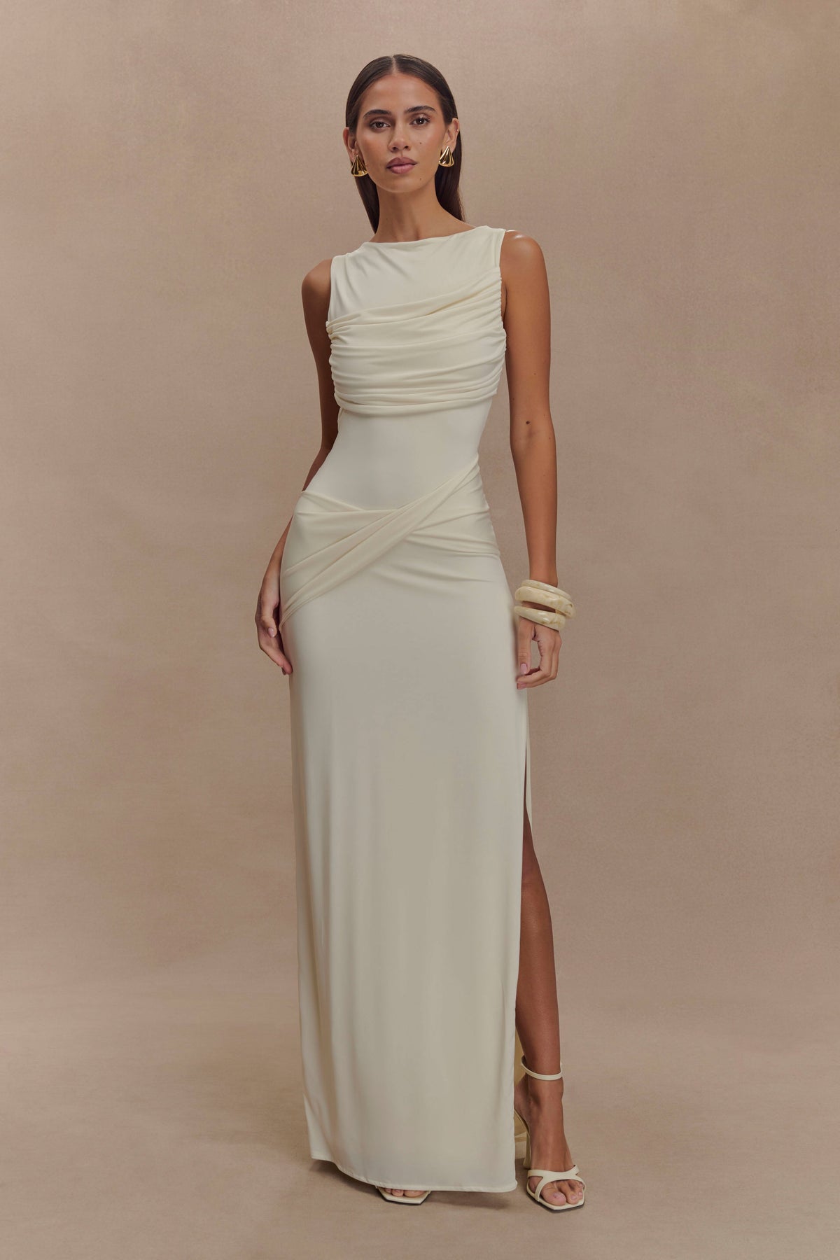 Henley Slinky Drape Maxi Dress - Ivory