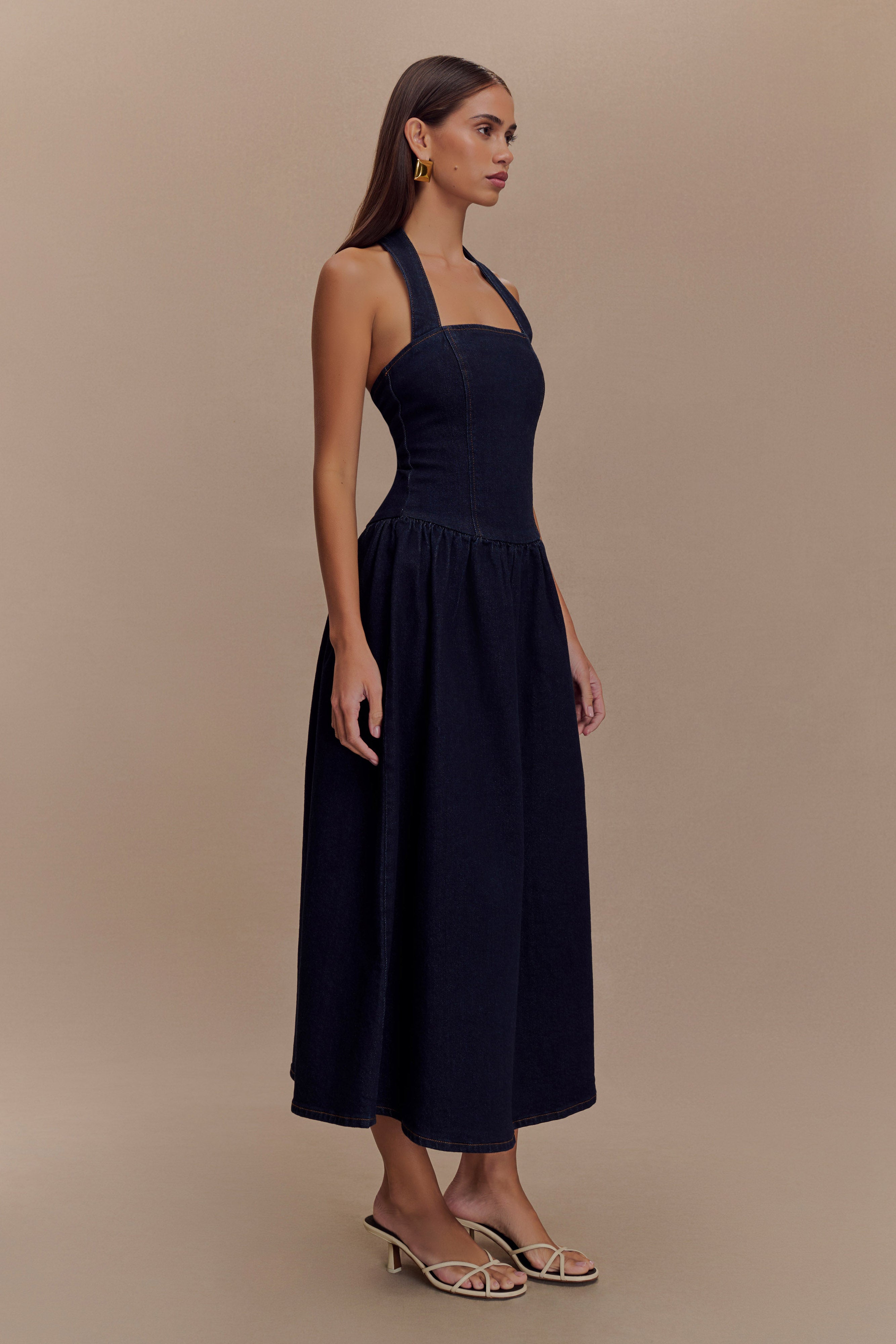 Caroline Denim Halter Midi Dress - Indigo Blue